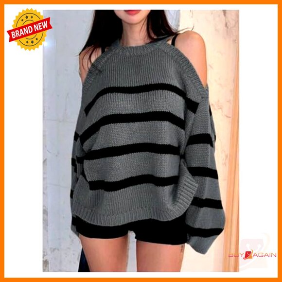 Oversized Striped Pullover Sweater Cold Shoulder Crew Neck Knit Top Preppy Chic - Picture 5 of 5
